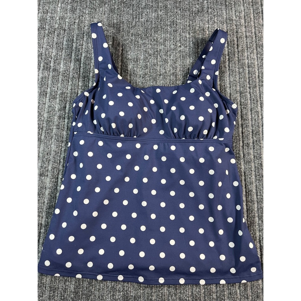 LANDS' END Tankini Swim Top Womens 10 D Blue Polka Dot Underwire Bra Adjustable